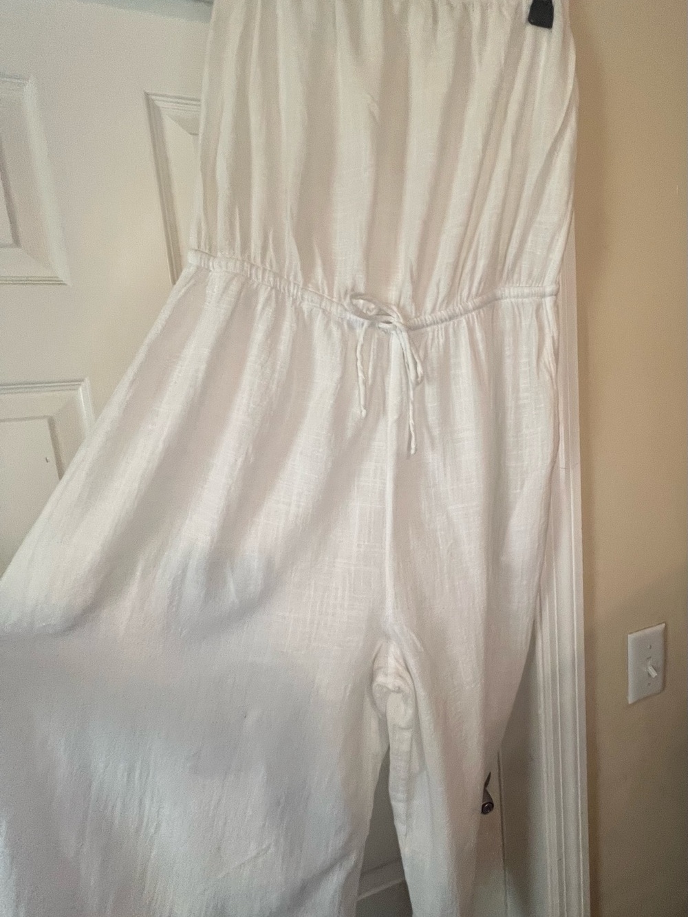 aerie White Gauze Linen Look Sleeveless Romper with Elastic Waist